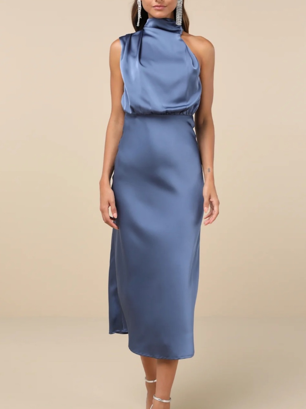 Distinctive Charm Slate Blue Satin Asymmetrical Midi Dress - Navy